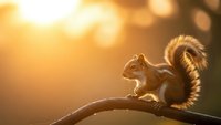 Cute squirrel sitting on branch during golden hour sunset with warm bokeh background creating peaceful wildlife scene for nature photography projects.