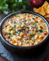 Creamy queso dip with melted cheese, diced tomatoes, red onions and fresh cilantro garnish served in rustic black bowl with tortilla chips on dark slate surface.
