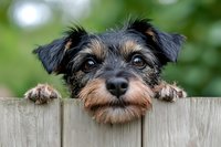 Curious Yorkshire terrier dog peeking over wooden fence with paws on top, showing adorable facial expression against blurred green background.