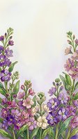 Watercolor floral border with purple, pink, and cream blooms on a soft lavender background, leaving copy space for text or greeting cards.