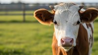 Young brown and white dairy calf with pink nose standing in green pasture field with wooden fence background during golden hour sunset lighting.