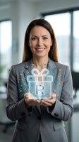 Professional woman with long brown hair and fair complexion wearing gray business blazer holding glowing gift box icon with colorful particles in modern office environment with windows.
