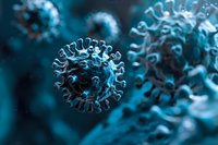 Microscopic view of coronavirus cell structure in blue tones showing detailed spike proteins and viral membrane, scientific medical visualization for healthcare education.