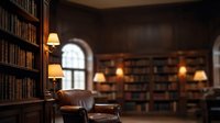 Cozy library interior with leather armchair, warm lighting, wooden bookshelves filled with books, arched windows creating scholarly atmosphere for reading.