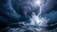 Dramatic ocean storm with powerful lightning strike hitting turbulent waves, dark swirling clouds, and intense weather conditions. Suitable for weather, nature, and dramatic atmospheric projects.