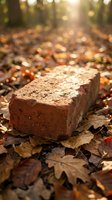 Old weathered brick resting on autumn leaves in forest with warm sunlight filtering through trees creating natural construction material backdrop.