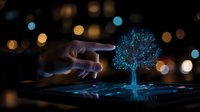 Digital hologram tree projection from tablet device with hand gesture interaction against dark background with bokeh lights creating magical atmosphere.