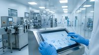 Scientist in blue gloves operating digital tablet interface in modern pharmaceutical laboratory with sterile equipment and clean room environment.