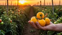Fresh ripe yellow tomatoes in farmer's hand at organic greenhouse during golden sunset. Agricultural harvest concept for healthy food production.