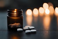 White pills scattered near dark glass bottle on black surface with glowing bokeh lights in background creating moody atmospheric composition.