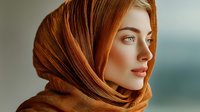 Young Caucasian woman wearing orange silk headscarf with elegant draping, soft natural lighting, serene expression, fashion portrait for luxury lifestyle content.