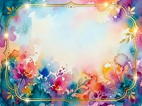 Watercolor floral frame with vibrant blooms in pink, orange, blue, and purple tones surrounding a luminous center space. Golden decorative borders and glowing light effects create an elegant, dreamy background suitable for invitations, greeting cards, and design projects.