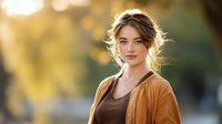 Young woman with tousled hair in brown top and caramel jacket against golden bokeh background, soft natural lighting creating dreamy autumn atmosphere.