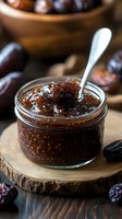 Fresh homemade date jam in glass jar with whole dates scattered around on rustic wooden board, close-up view showing rich texture and natural sweetness.