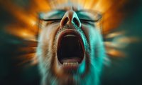 Close-up dramatic portrait of young Caucasian man with open mouth and glasses in motion blur effect against dark background with orange and teal lighting.