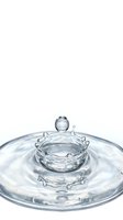 Clear water drop creating crown splash with droplet suspended above on white background isolated for design use.