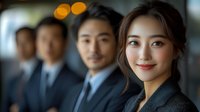 Young Asian businesswoman leading diverse professional team in modern office environment with warm bokeh lighting effects creating corporate success atmosphere.