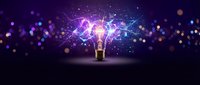 Glowing light bulb with purple and blue energy particles bursting outward against dark background, symbolizing innovation, creativity, and bright ideas for business concepts.