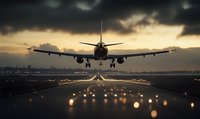 Commercial passenger aircraft landing at sunset on illuminated runway with dramatic sky and bokeh lights creating atmospheric aviation scene.