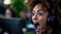 Young African American female customer service representative with curly hair wearing headset shows excited expression while working in call center office environment.