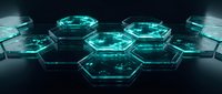 Glowing teal hexagonal platforms arranged in a futuristic grid on a dark reflective surface, emitting neon cyan light for sci-fi and tech designs.