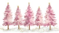 Pink watercolor Christmas trees with golden stars on white background for holiday decorations and seasonal greeting cards.