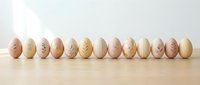 Row of decorated Easter eggs in neutral beige and brown tones with botanical leaf patterns arranged on wooden surface for spring holiday celebration.