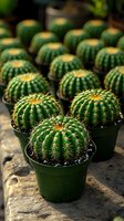 Small barrel cactus plants in green plastic pots arranged in rows, showing detailed spines and golden crown tops against dark background with selective focus.