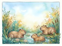 Watercolor capybara family swimming in peaceful pond surrounded by lush vegetation and water lilies in soft natural tones for children's book illustration.