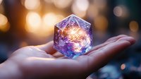 Magical glowing crystal cube with galaxy pattern held in open palm against blurred bokeh background, creating mystical atmospheric scene.