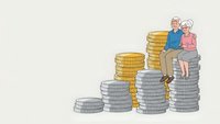 Senior couple sitting on stacks of coins representing retirement savings and financial planning for elderly lifestyle security.