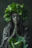 Mystical figure with kale crown in prayer pose, holding cabbage against dark background. Artistic representation of nature deity for environmental concepts.
