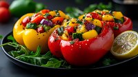 Colorful stuffed bell peppers filled with vibrant vegetables and herbs on dark plate with fresh spinach leaves and lemon slice, healthy vegetarian meal.