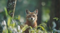 Red fox with alert expression peeking through lush green forest undergrowth in soft natural light with bokeh background.