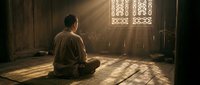 Middle-aged man of South Asian descent in traditional brown robes sitting in meditation pose on wooden floor in ornate mosque or temple, sunlight streaming through decorative latticed windows creating geometric shadows, spiritual contemplation and prayer.