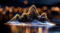 Liquid crown splash forming mountain peaks with golden bokeh background and reflections on dark surface, captured in high-speed macro photography.