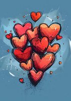 Red and orange heart balloons floating against blue background with sketchy artistic style and grunge texture elements. For Valentine's Day cards and romantic designs.
