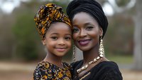 African mother and daughter wearing matching traditional headwraps and elegant attire share loving embrace and bright smiles outdoors in natural setting.
