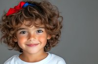 Smiling young girl with curly brown hair wearing red bow and white shirt against gray background, natural lighting highlights cheerful expression.