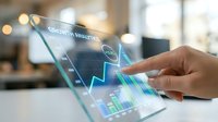 Businessman analyzing financial data on futuristic transparent tablet with holographic charts and graphs in modern office environment for business analytics.