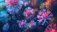 Vibrant coral polyps in neon pink and electric blue colors glowing underwater against dark background, creating magical marine atmosphere with bokeh light effects.