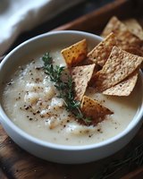 Creamy potato soup garnished with crispy tortilla chips, fresh thyme sprigs and cracked black pepper served in white ceramic bowl on wooden surface.