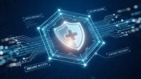 Shield with medical cross symbol surrounded by digital circuit patterns and data security labels on blue tech background for healthcare cybersecurity and data protection concepts.