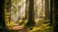 Sunlit forest path with towering trees, moss-covered ground, and golden light filtering through canopy, creating serene woodland atmosphere for nature and travel content.