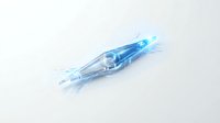 Futuristic blue glass rocket ship with transparent design and motion blur effects on white background for sci-fi projects and space exploration concepts.