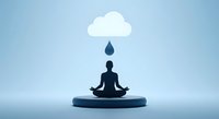 Minimalist meditation silhouette with rain cloud above on blue platform representing mindfulness, mental wellness and inner peace for stress relief concepts.