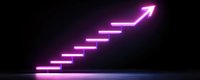 Glowing neon pink stairs rising upward with arrow on black background symbolizing growth, success, and achievement in business concept visualization.