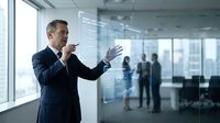 Middle-aged Caucasian businessman in dark suit presenting data on futuristic holographic display in modern office with colleagues in background.