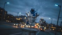 Superhero in blue suit bursting through glass with explosive force against urban night skyline with glowing city lights and street lamps.