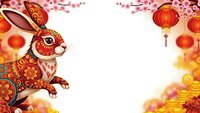 Chinese New Year rabbit with ornate patterns jumping amid cherry blossoms, red lanterns and gold coins for lunar celebration greeting cards and festive designs.
